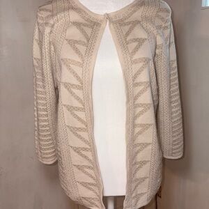 Preston & York Shimmer Knit Cardigan M Beige Gold Metallic Open Front Elegant